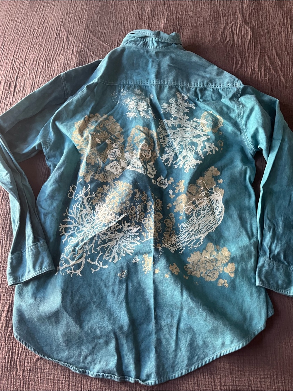 Turquoise Button-Up Shirt with Gold & White Coral Print